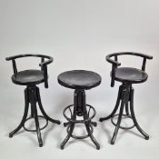 TWO EBONISED THONET CHILDREN'S HAIRDRESSER STOOLS AND ANOTHER THONET STOOL.