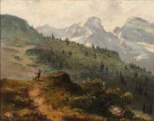 Ludwig Corregio (1846-1930 A huntsman with dog in a mountain landscape, signed, oil on canvas, 37