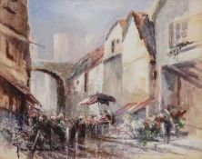 George Edwards Market day, signed, gouache, 21 x 27cm, and Julia Loken - trees at dawn, signed and