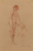Jehan Daly (1918-2001) Standing female nude with knees bent, signed, sanguine on orange brown