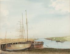 R*A* Kennedy Boat repair yard Littlehampton, signed, watercolour, 27.5 x 35cm From a collection of