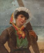 J * Clarke (19th century) 'French Fisher Girl', signed, titled verso, oil on canvas, 29 x 24cm
