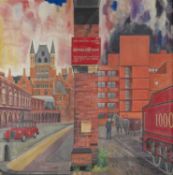 Stephen Nicoll (b.1946) St Pancreas, Now and Then oil on canvas 81 x 81cm.