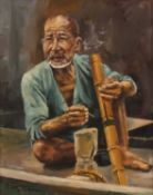 W.H. Chen (20th century) A seated man with bamboo pipe, signed, oil on canvas, 40 x 32cm; and H