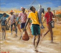 Chinwe Chukwuogo-Roy (1952-2012) The Catch, signed, oil on canvas, 35 x 42cm
