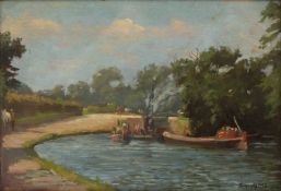 George Harcourt Sephton (act. 1885 - 1923) Canal boats with dredger close to lock, signed and