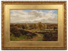 James Peel (1811-1906) A homeward bound woman with a donkey on a country track, signed, oil on
