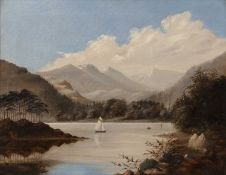 Continental school (19th century) Mountainous lake scene with sailing boat, possibly signed with a