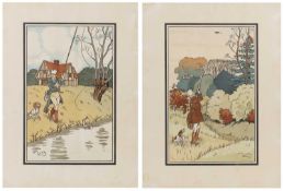 Harry Elliot (1882-1959) A Surprise Catch and The Huntsman, a pair, lithograph in colour, 32 x