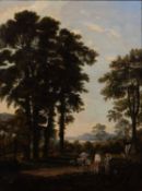 Continental School, 19th Century Figures passing through a woodland landscape, oil on canvas, 62.5 x