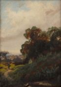 Follower of Thomas Churchyard (1798-1865) Woodland with figure on a track, oil on canvas, 19 x 14cm