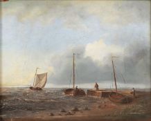 English school (19th century) Beached sailing vessels off a jetty, oil on panel, 27 x 33cm From a