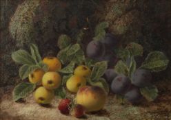 Oliver Clare (1853-1927) Still life - apples, plums and strawberries on an earthy bank, signed and