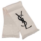 An Yves Saint Laurent scarf Featuring YSL logo in black and fringed at each end. 100% silk 26cm x