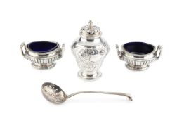 A pair of George III silver twin handled salts, of lobed campana form, with blue glass liners, by