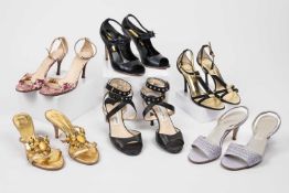 A selection of ladies’ designer open-toed stilettos to include – Salvatore Ferragamo (lilac),