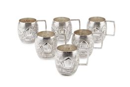 A set of six Indian silver small cups, of bowed form, embossed with elephants and trees and having