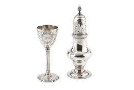 A George II silver caster or muffineer, of baluster form, maker's mark indistinct, possibly S.J,