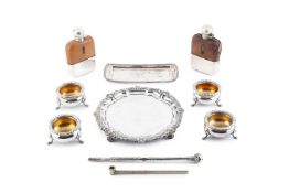 A small collection of silver plated items, to include a waiter, two hip flasks, a set of four