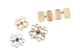 A collection of jewellery, comprising two stone set panel brooches, each 9ct gold mounted, a similar