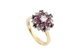 A ruby and diamond cluster ring, designed as a tiered cluster of round brilliant and single-cut