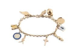 A charm bracelet, the fancy-link bracelet with clasp stamped '9ct', suspending assorted charms, to