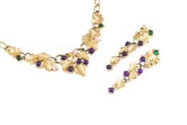 A stone set costume necklace and matched ear pendants suite designed by Kunio Matsumoto for Trifari,