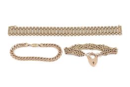 A 9ct gold strap bracelet, of part-textured brick-link design, together with a fancy gate-link