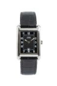 A stainless steel automatic wristwatch by Oris, the rectangular black dial with white Arabic