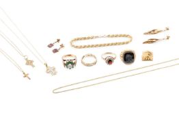 A collection of jewellery, to include four 9ct gold and stone set dress rings, a 9ct gold hollow