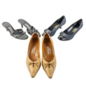 Three pairs of Salvatore Ferragamo, Italy shoes, these to include, navy, kitten heel courts, size