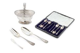 A late Victorian silver swing handled sugar basket, with pierced decoration and beaded borders,