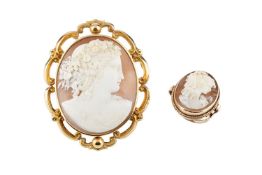 A Victorian shell cameo brooch, carved to depict the portrait of a classical female profile, her