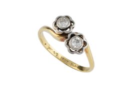 A diamond two stone ring, of crossover design, the round brilliant-cut diamonds in scallop-edged