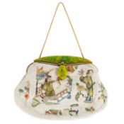 An antique, silk hand embroidered, micro beaded purse with Chinese motif decoration and matching
