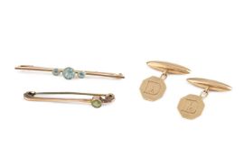 A pair of 9ct gold cufflinks, the octagonal panels on chain-link and torpedo fittings, initialled