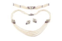 A diamond, natural pearl, untested pearl and stone set necklace and bracelet suite, the necklace