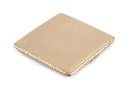A 9ct gold cigarette case, of hinged rectangular form, with engine-turned decoration and foliate