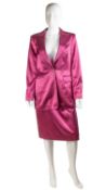A Rena Lange 1980’s raspberry satin lady’s jacket and pencil skirt. Lining in similar colour and
