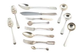 A collection of mixed silver flatware, comprising a George III fiddle pattern basting spoon by
