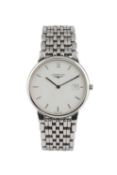 A stainless steel 'Les Grandes Classiques' bracelet watch by Longines, the circular white dial