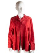 A JEAN MUIR, 1990’s, ruby red suede jacket with tie belt and red lining, Made in England. Good ++