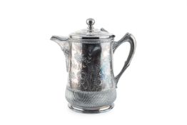 A late 19th century American silver plated large coffee pot, the spirally lobed body engraved with