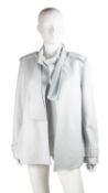 A Jaeger short pale blue coat with optional belt. Composition is angora, wool, nylon and cashmere.