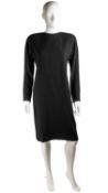 Two JEAN MUIR, 1980’s dresses, one in black, one in burgundy, with long sleeves and shoulder pads,