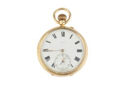 A late Victorian 18ct gold open face pocket watch, the white enamel dial with Roman numerals and