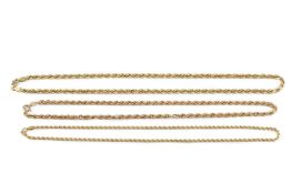 A 9ct gold ropetwist-link chain, and two smaller 9ct gold hollow ropetwist-link chains, first