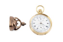An 18ct gold open face pocket watch, the white enamel dial with Roman numerals, two subsidiary dials