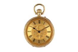 An open face fob watch, the gilt dial with Roman numerals and floral engraved spray, to a keyless