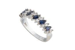 A sapphire and diamond half hoop ring, designed as a line of horizontally set navette-shaped